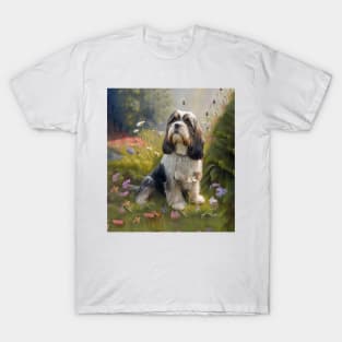 Petit Bassett Griffon Vendeen Dog in Flower Garden T-Shirt